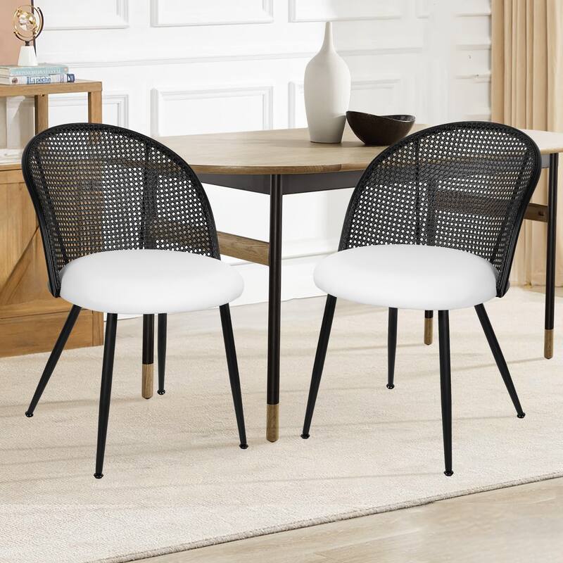 Modern Upholstered Rattan Dining Chairs Set of 2/4 - Set of 2 - PU-White-Black Back