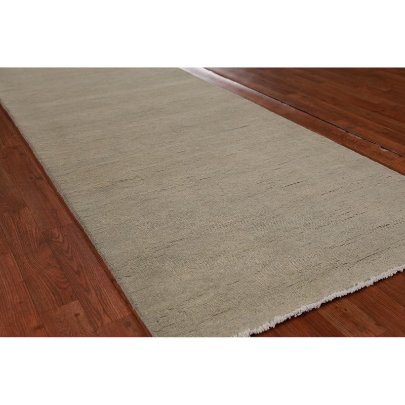 Hand Knotted Oriental 100% Wool Carpet Modern Solid Green Gabbeh Runner Rug - 10' 0'' X 3' 1''