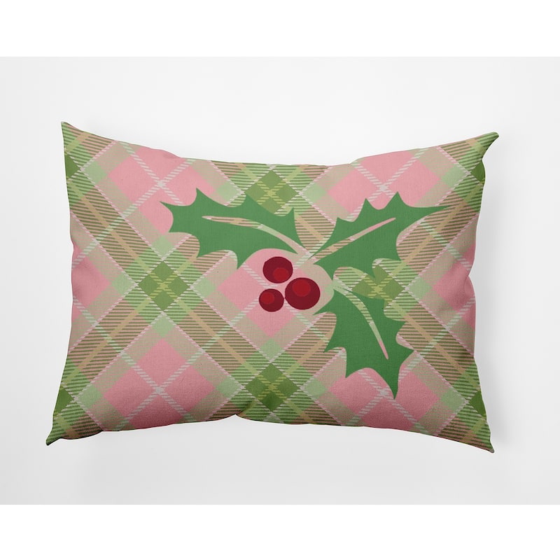 Holly on Plaid Christmas/Winter Accent Pillow - 14" x 20" - Pink Icing