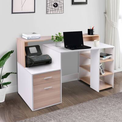 HOMCOM 54" Multi-Level Computer Desk: Oak, 3 Shelves, 2 Drawers