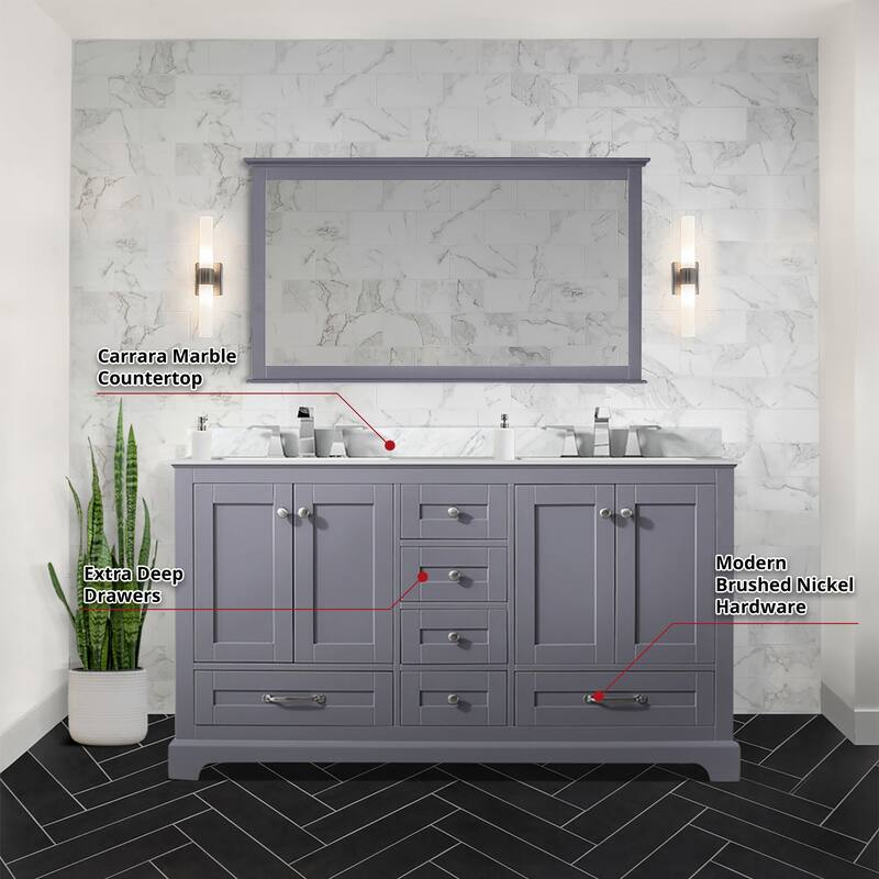 Dukes 60 in. W x 22 in. D Navy Blue Double Bath Vanity, Carrara Marble Top, Faucet Set, and 58 in. Mirror