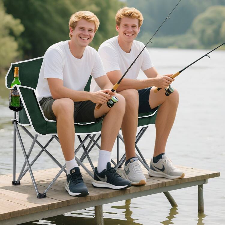 Green Oxford Cloth Metal Folding Camping Loveseat with Cup Holders
