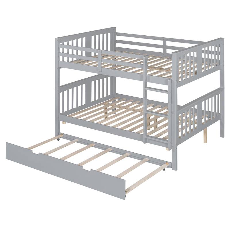 Full over Full Bunk Bed with Twin Trundle, Ladder & Slats - Gray/White/Espresso, Converts to 2 Beds