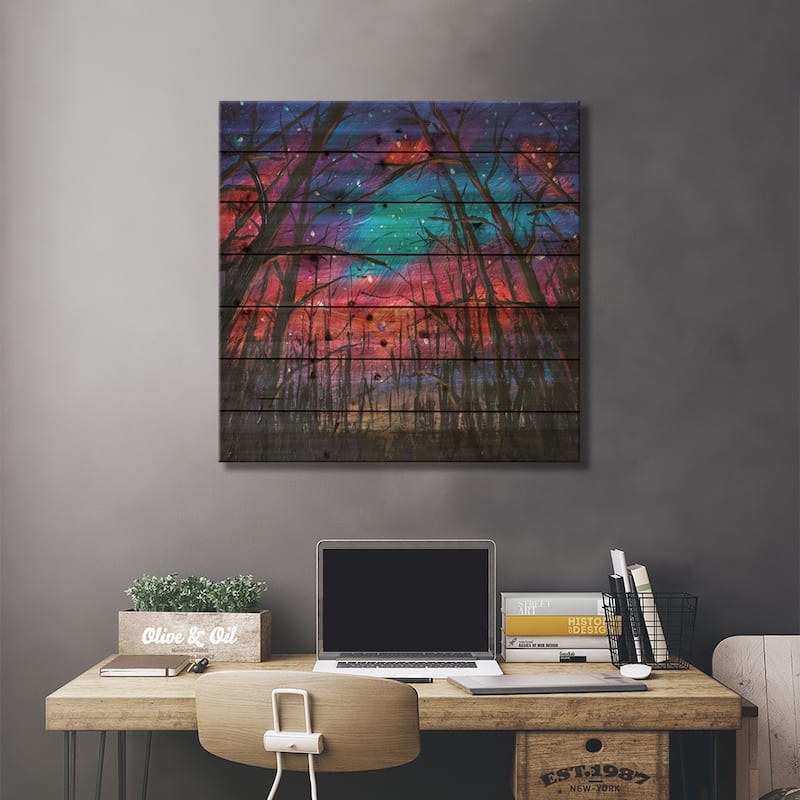 Beautiful Starry Sky Through Trees In Forest Print On Wood by Valery Rybakow - Multi-Color