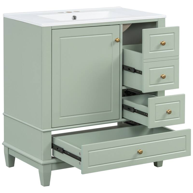 30" Bathroom Vanity with Ceramic Sink, Freestanding Bathroom Vanity Cabinet w/ 3 Storage Drawers, 1 Soft Close Door & Door Shelf