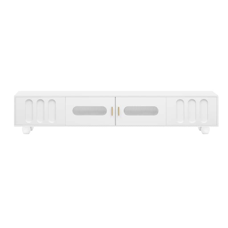 Media Console for TVs Up to 80", Entertainment Center with Glass Door, TV Storage Cabinet with Solid Wood Legs and Metal Handles