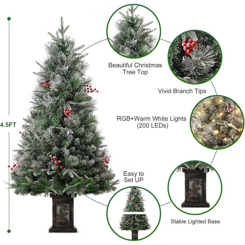 4.5 Ft Artificial Christmas Tree with 200 Warm White LED Lights and Red Berries Potted Base Holiday Xmas Tree