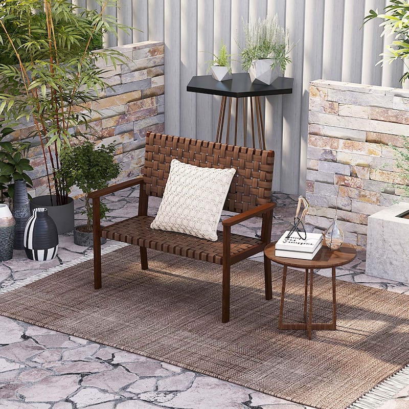 Outdoor All Weather Bench Patio Loveseat Bench w/Hand Woven PU Leather