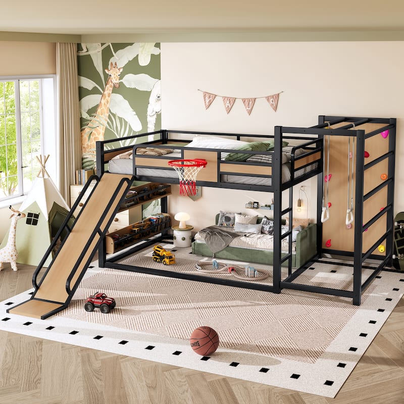Full/Twin Metal Loft Bed with Basketball Hoop, Climbing Wall & Slide