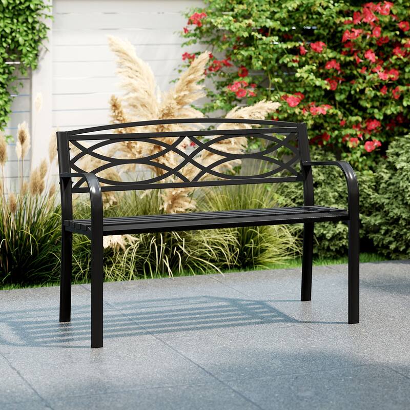 2-Person Outdoor Black Metal Bench with Ventilated Seat and Curved Armrest for Patio or Yard - 19.5" x 45.5" x 32.5"