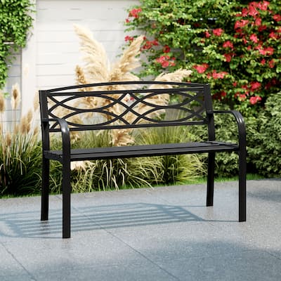 2-Person Outdoor Black Metal Bench with Ventilated Seat and Curved Armrest for Patio or Yard - 19.5" x 45.5" x 32.5"