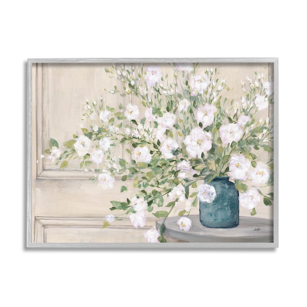 Stupell Geranium Tabletop Country Still Life Painting Blooming Flowers Framed Wall Art - White