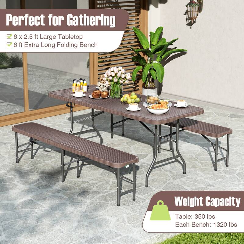 Gymax 3 Piece Folding Picnic Table Set w/ 6 ft Table & 2 Benches for