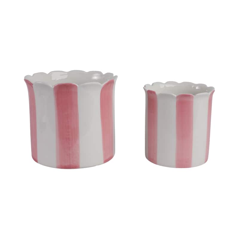 Ceramic Planter Scalloped Edge and Vertical Textured Design (Set of 2) - 8" x 8" x 7"