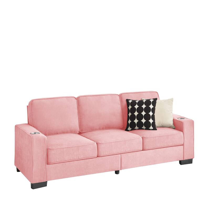84.25" Velvet 3-Seater Sofa with Cup Holder Armrests and High-Density Spring Cushions