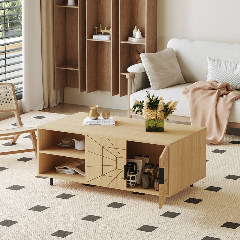 Modern Spider Web Texture Coffee Table Natural Wood Tone Geometric Art Coffee Table with Open Shelves, for Living Room