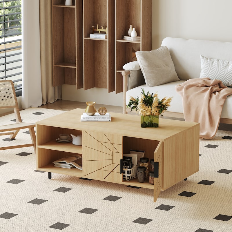 Spider Web Textured Coffee Table, Multi-functional Wooden Buffet Cabinet, Center Table with Open Shelves & Metal Legs