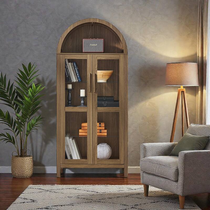 High Arched Wooden Storage Cabinet with LED Light, Adjustable Glass Shelves, Modern Retro Multi-Functional Display Locker - Brown