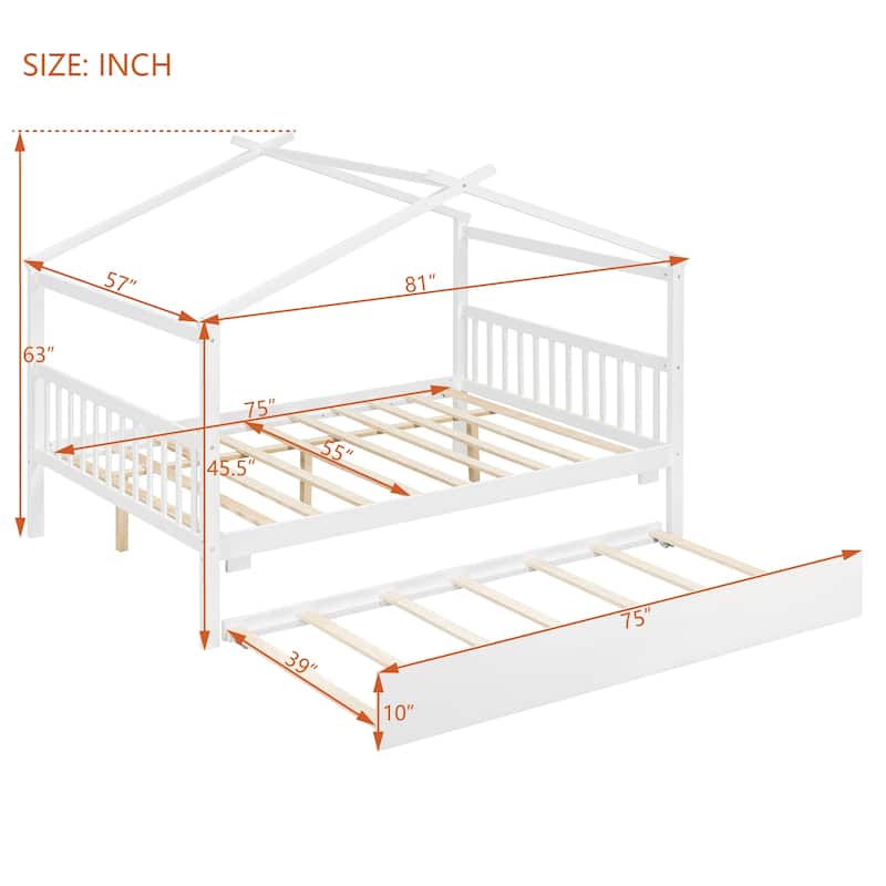 Roomfitters Full Size Wooden House Bed with Twin Trundle, Floor Bed Frame for Bedroom, White