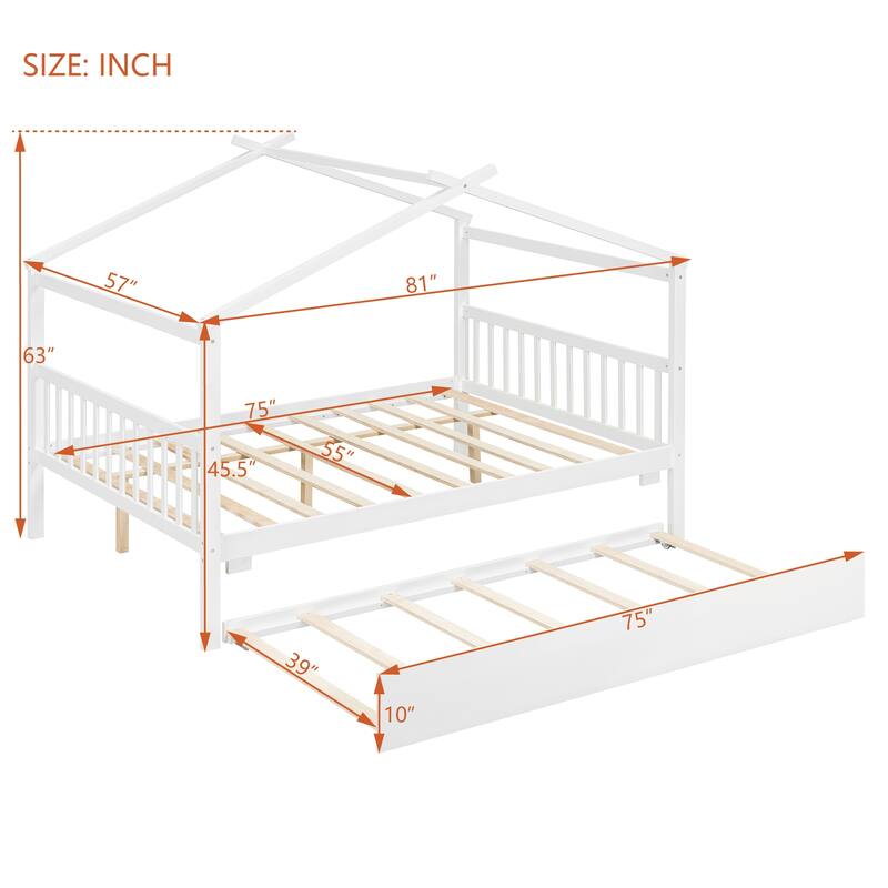 Solid Wood House Platform Bed Frame with Trundle Bed and Roof