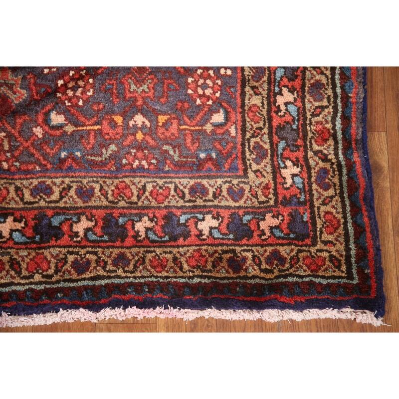 Hand Knotted Oriental 100% Wool Carpet Traditional Geometric Navy Blue & Blues Mahal Runner Rug - 9' 8'' X 3' 7''
