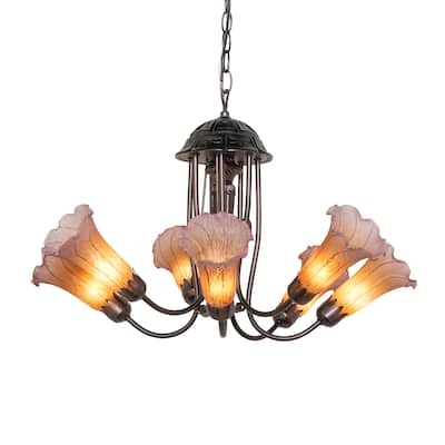 24" Wide Amber/Purple Tiffany Pond Lily 7 Light Chandelier - N/A