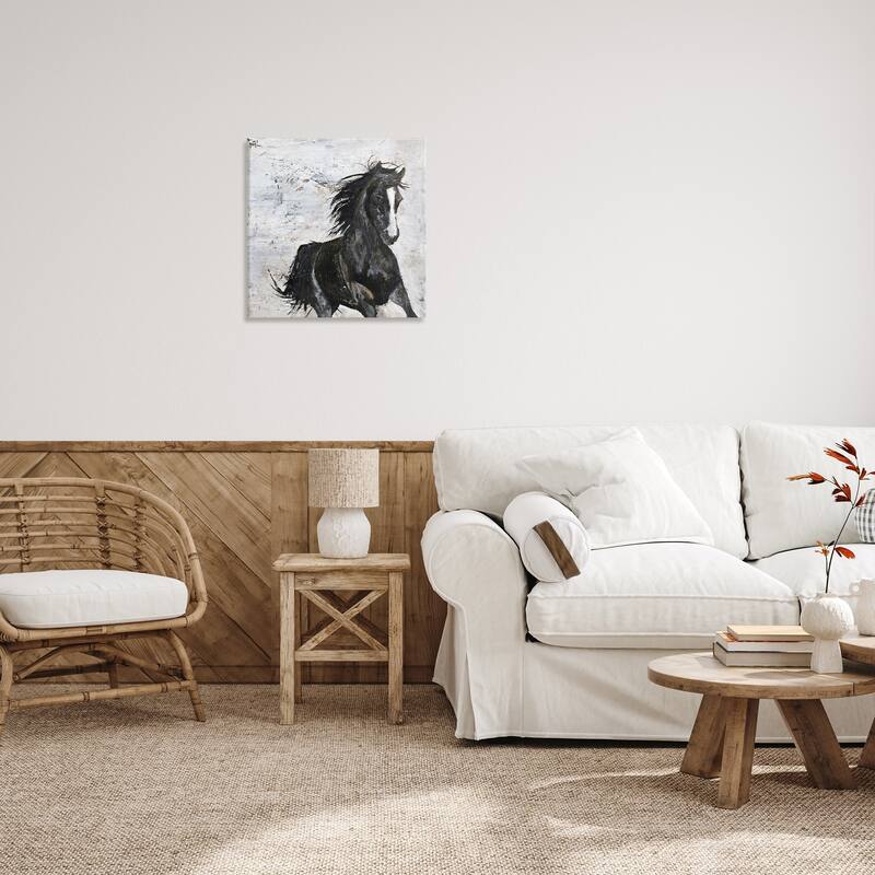 Stupell Wild Black Horse Galloping over Abstract White Canvas Wall Art