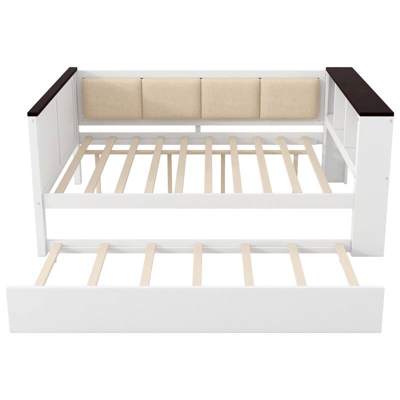Full Size Wood Daybed with Storage Shelves, Upholstered Backrest,USB and Trundle, White