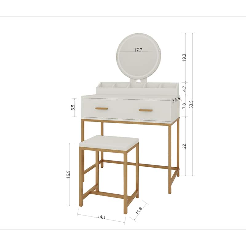 Vanity Set with Mirror and Stool - Makeup Vanity Table with Storage Drawers and Organizer, White and Gold, Space-Saving Design