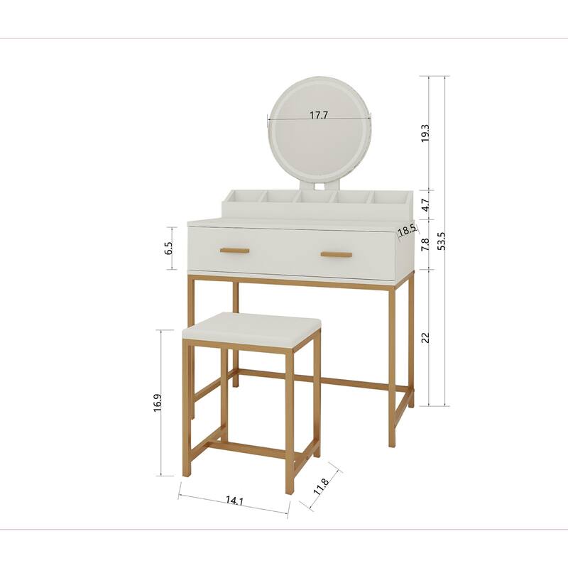 White & Gold Vanity Set with Mirror and Stool, Makeup Table with Drawers and Organizer, Compact Space-Saving Design