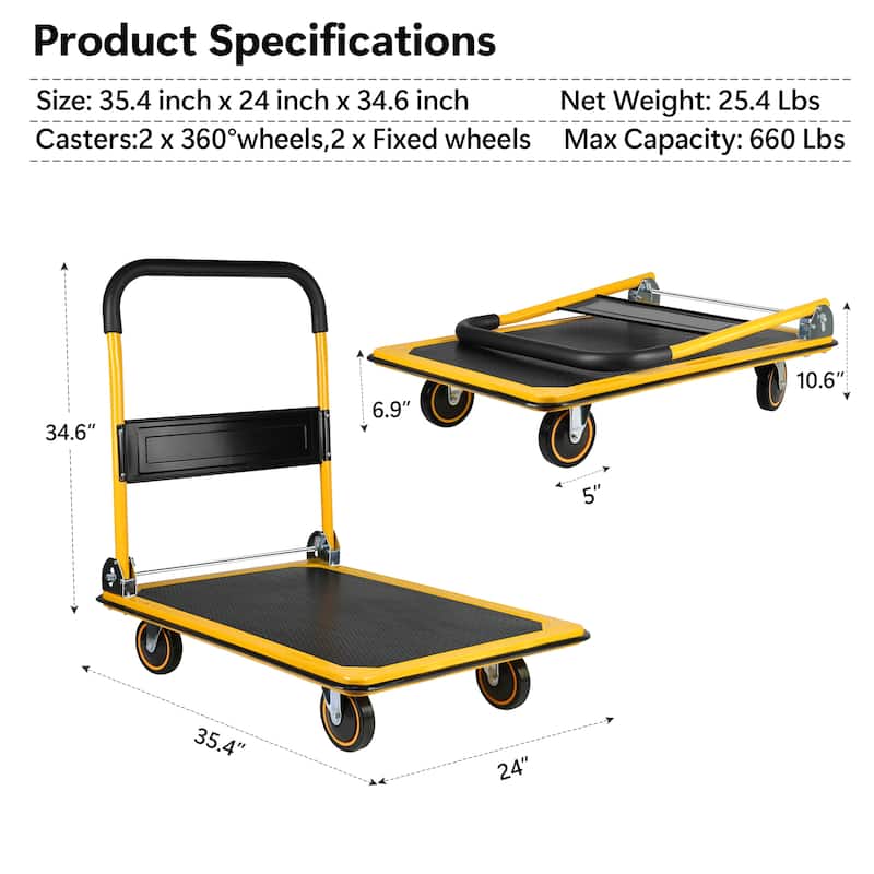 Platform Hand Truck Large Foldable Dolly Cart 360 Degree Swivel Wheels - Weight Capacity:660lbs