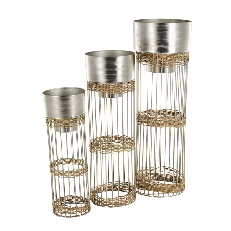 Metal Textured Dome Indoor Planter with Woven Seagrass or Rattan and Cage Rod Base - Set of 3 Gold or Silver - Roche River Decor