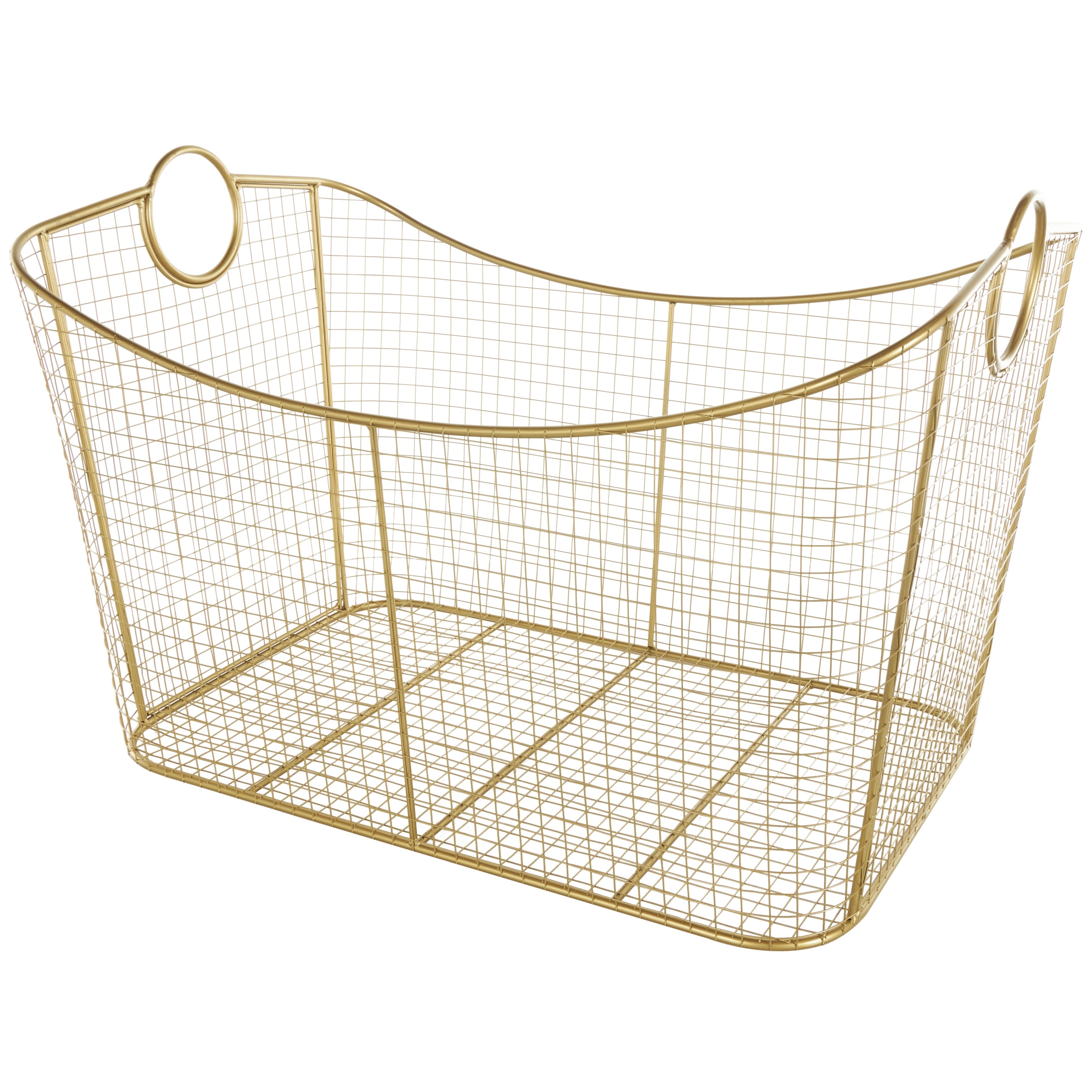 Metal Wire Grid Decorative and Functional Storage Basket with Curved Edges Ring Handles - Gold or Black - Roche River Decor