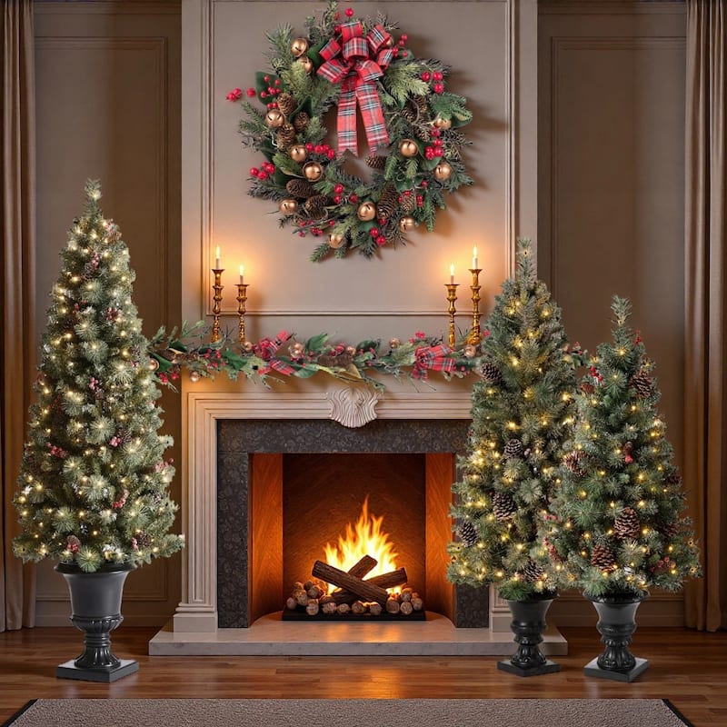3 Piece 4ft&5ft&6ft Pre-Lit Artificial Flocked Pine Tree Christmas Holiday Party Decorations by Glitzhome