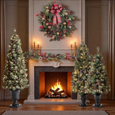 3 Piece 4ft&5ft&6ft Pre-Lit Artificial Flocked Pine Tree Christmas Holiday Party Decorations by Glitzhome