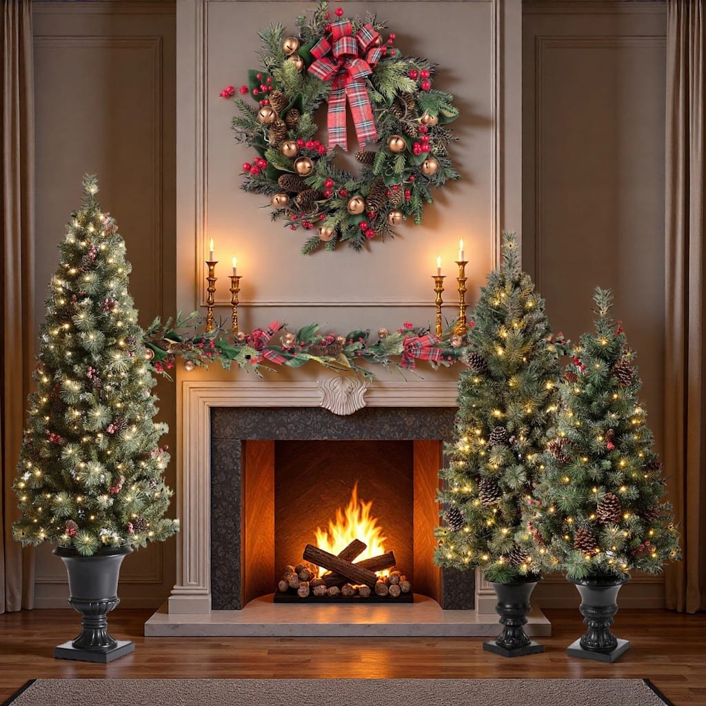 3 Piece 4ft&5ft&6ft Pre-Lit Artificial Flocked Pine Tree Christmas Holiday Party Decorations by Glitzhome