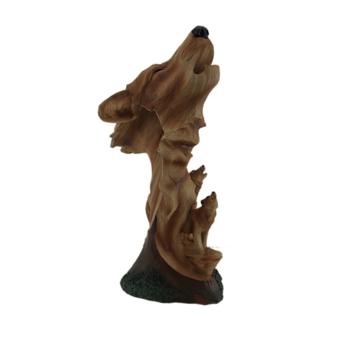 Carved Wood Look Howling Wolf Couple Figural Statue - 12 X 7.5 X 4.5 inches
