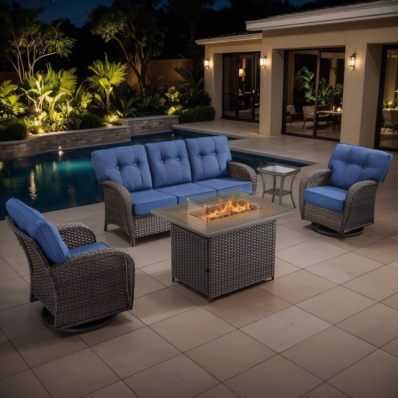 Gymojoy Outdoor Wicker Patio Furniture Sofa Set with 55,000 BTU Fire Pit Table, Swivel Chairs, Ottomans & Side Tables