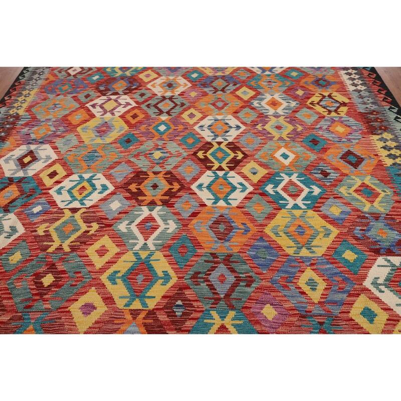 Multi-Color Geometric Kilim Area Rug Flatweave Wool Carpet - 8'5" x 9'6"