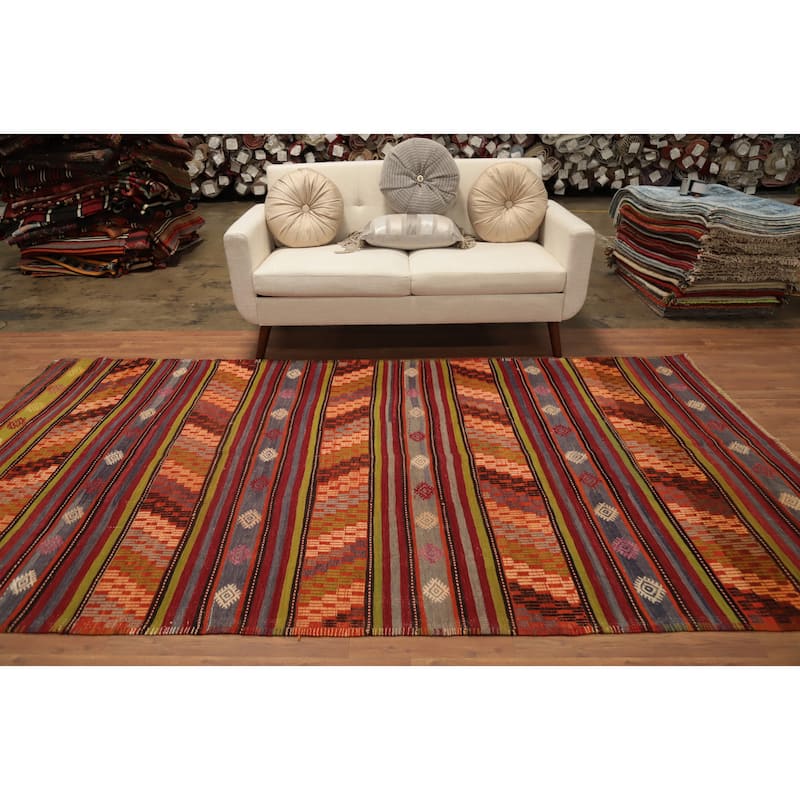 Hand Woven Oriental 100% Wool Carpet Southwestern Tribal Multi-Colored Kilim Area Rug - 10' 2'' X 5' 6''