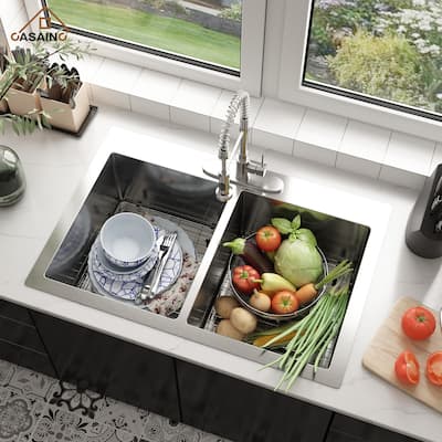 33 in. Drop-In Double Bowl 18 Gauge Brushed Stainless Steel Kitchen Sink with Bottom Grid and Basket Strainer