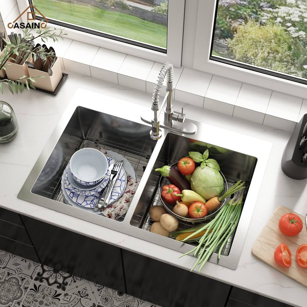 33 in. Drop-In Double Bowl 18 Gauge Brushed Stainless Steel Kitchen Sink with Bottom Grid and Basket Strainer