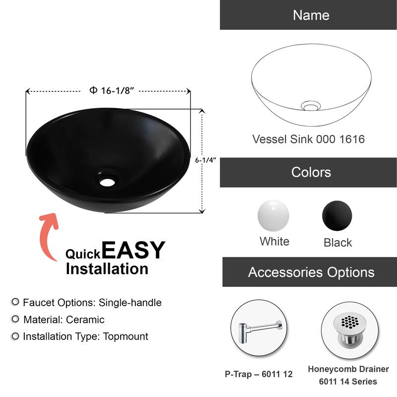 Dowell Ceramic Vessel Sink, Round, Matte Black - 16Wx16Dx6H