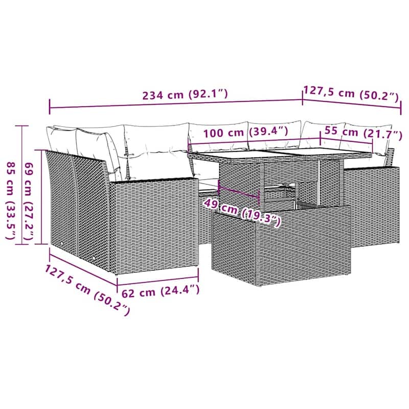 vidaXL Patio Sofa Set with Cushions Outdoor Furniture 7 Piece Poly Rattan - 21.7 x 39.4 x 28.7 in