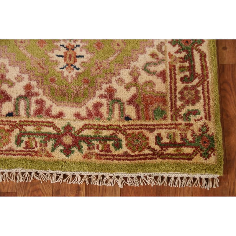 Green Geometric Heriz Serapi Indian Runner Rug Handmade Wool Carpet - 2'6" x 8'1"