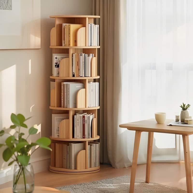 GDF Studio -Purling Modern 5-Tier Wood Rotating Bookshelf with 360-Degree Space-Saving Design