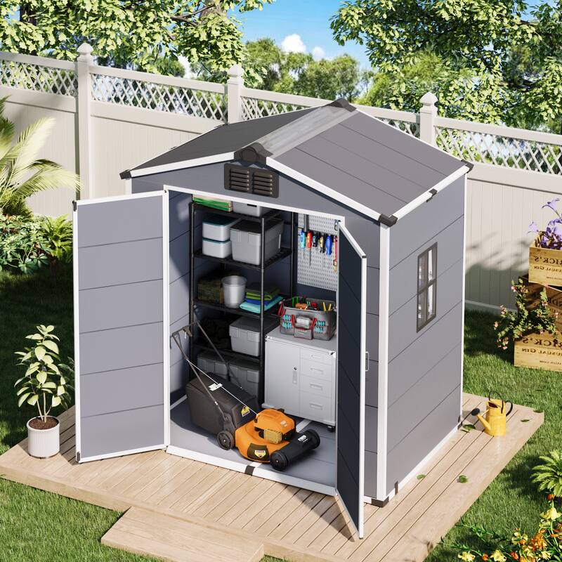 EROMMY Outdoor Storage Shed with Built-In Floor, Lockable Double Doors & Sloped Roof, Gray/Black