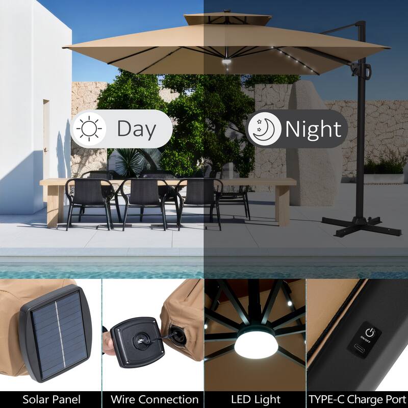 11 FT Square Outdoor Patio Cantilever Umbrella with Solar Lights Wheeled Base Double Canopy 360 Rotation Tilt