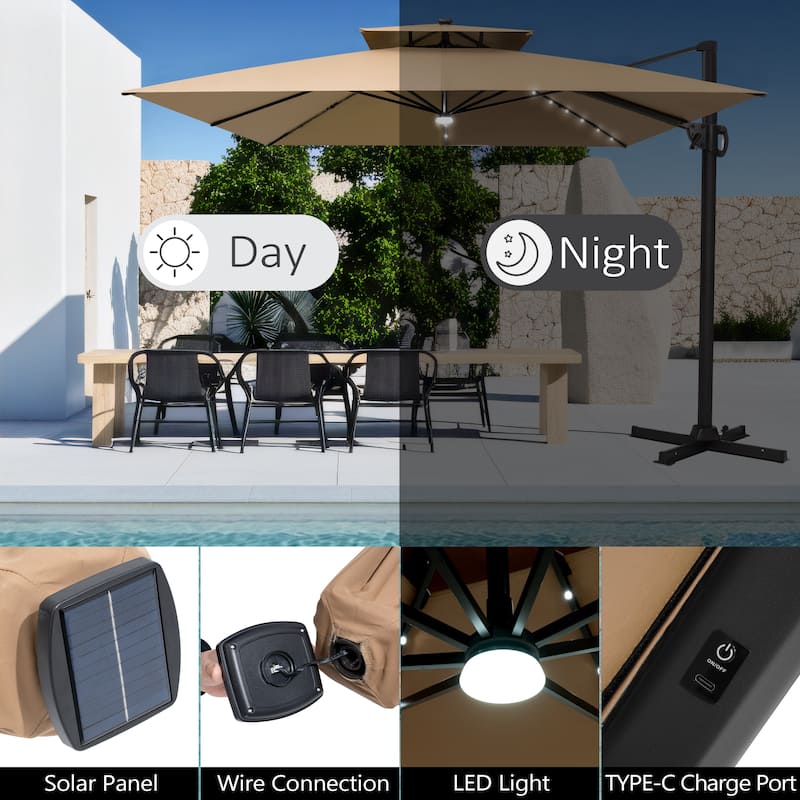Pellebant 11X11 FT Outdoor Square Cantilever Patio Umbrella Solar LED Lighted with HDPE Base