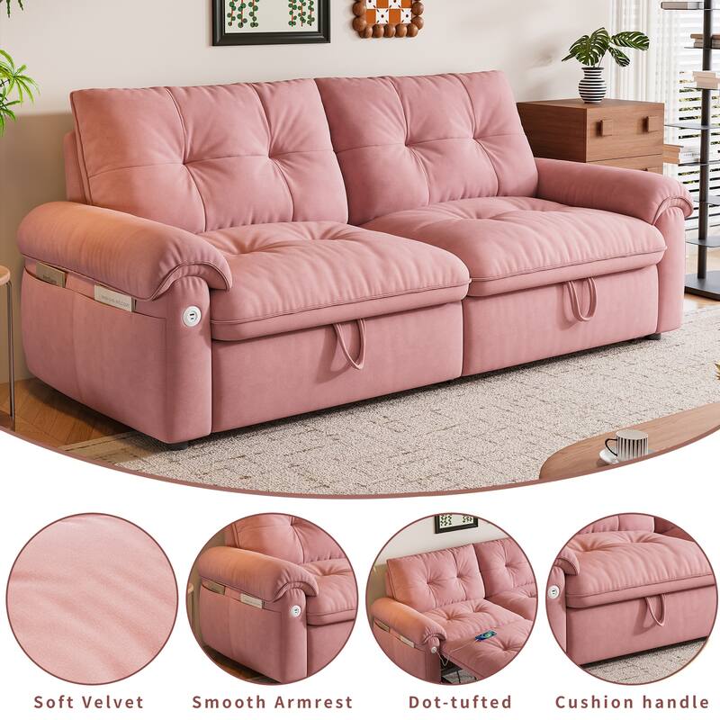 2-in-1 Velvet Pull Out Sleeper Sofa Bed Convertible Loveseat Couch for Sitting, Napping or Sleeping with Side Pockets and USB